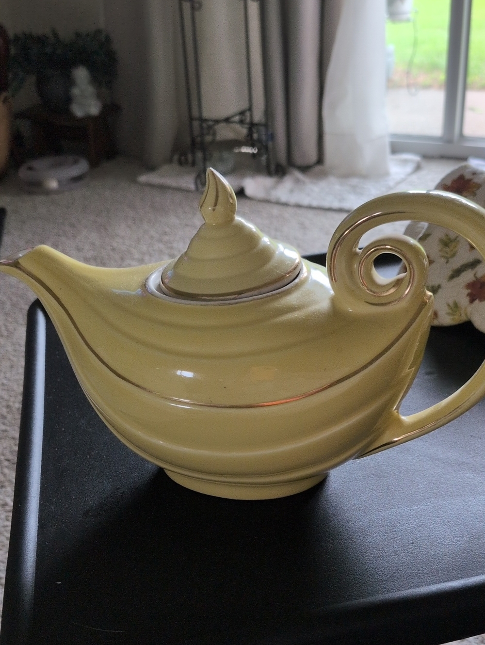 Hall Pottery Yellow Ceramic Genie-Style Teapot with Gold Trim.